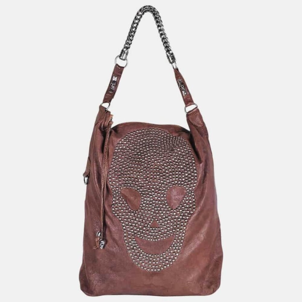 Thomas Wylde Brown Leather Studded Skull Large Hobo Bag Vintage Y2K